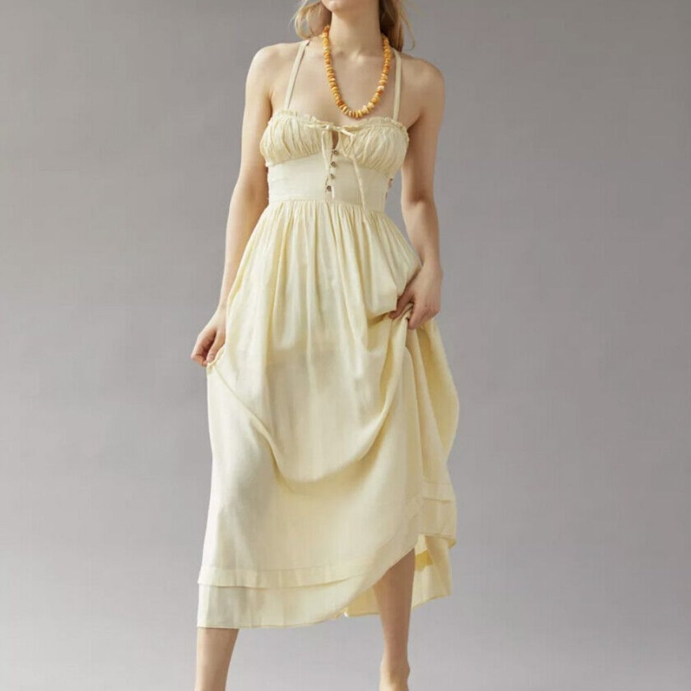 UO Cora Linen Open Back Midi Dress Adjustable Tie NWT XS - Picture 4 of 4